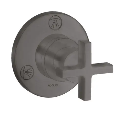 Unterputzventil mit Kreuzgriff in Brushed Black Chrome, hergestellt von AXOR. Enthält Symbole zur Steuerung der Wasserzufuhr.